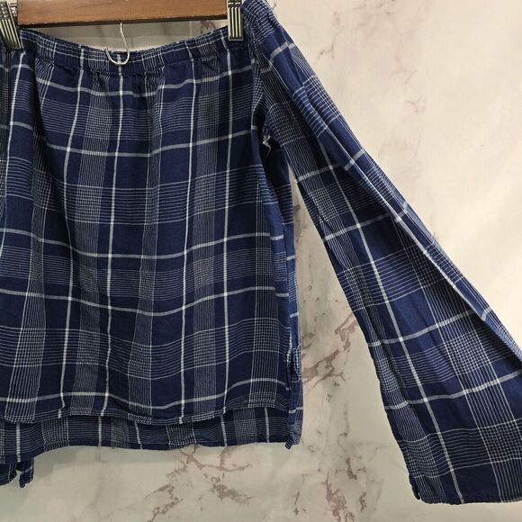 Cloth Stone Shirt Women Small Navy Blue Off Shoulder Check Plaid Slit Picnic - Picture 12 of 14